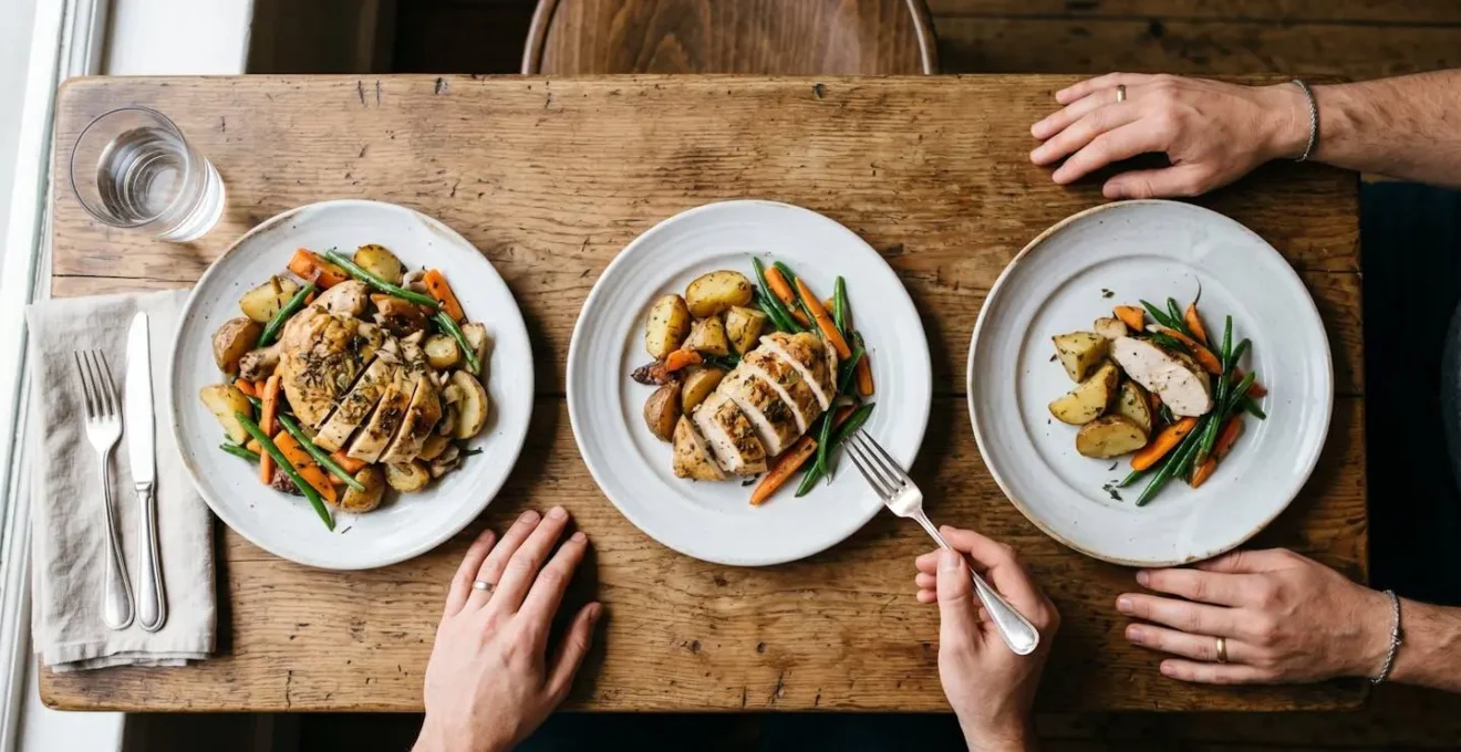 Comparaison visuelle entre plusieurs assiettes de restaurant avec objets de référence pour l'échelle