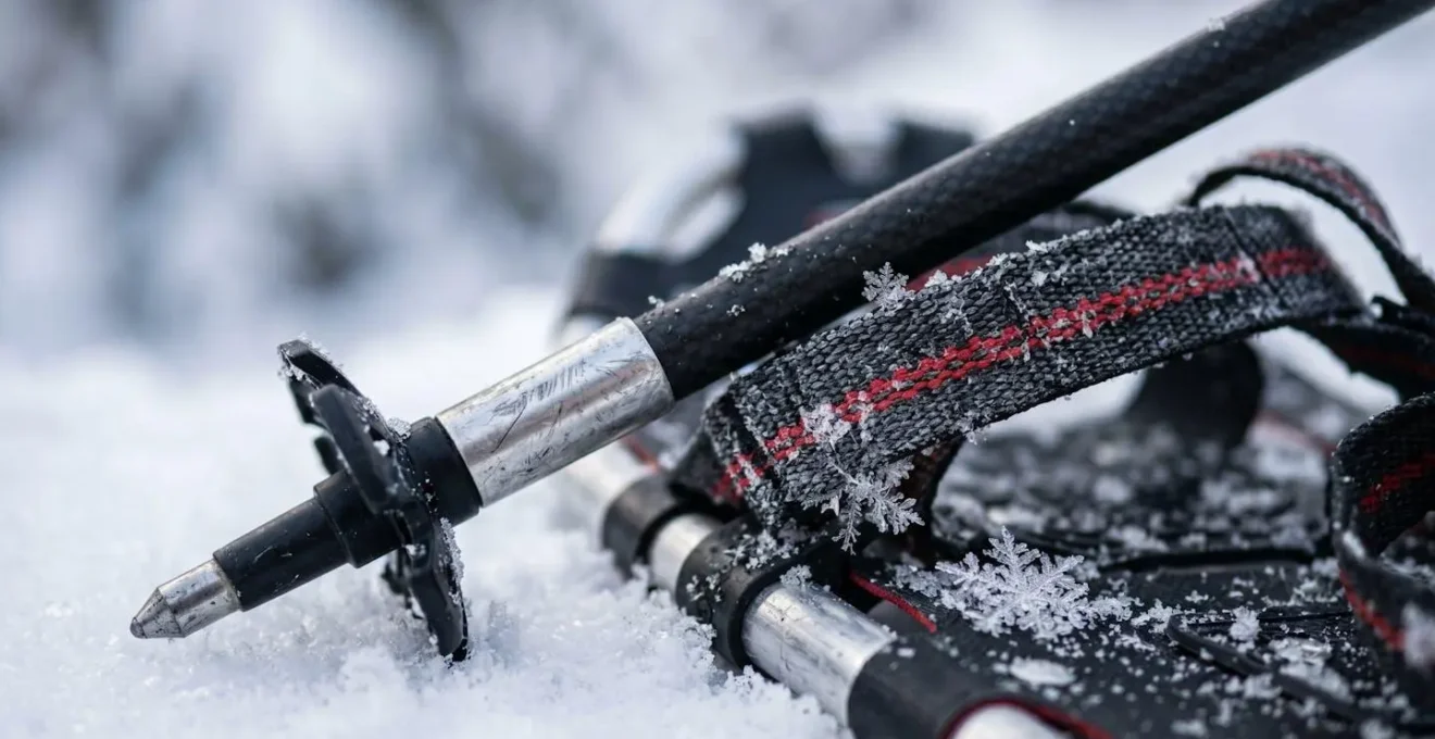 Gros plan sur des bâtons de marche nordique et des raquettes posés dans la neige