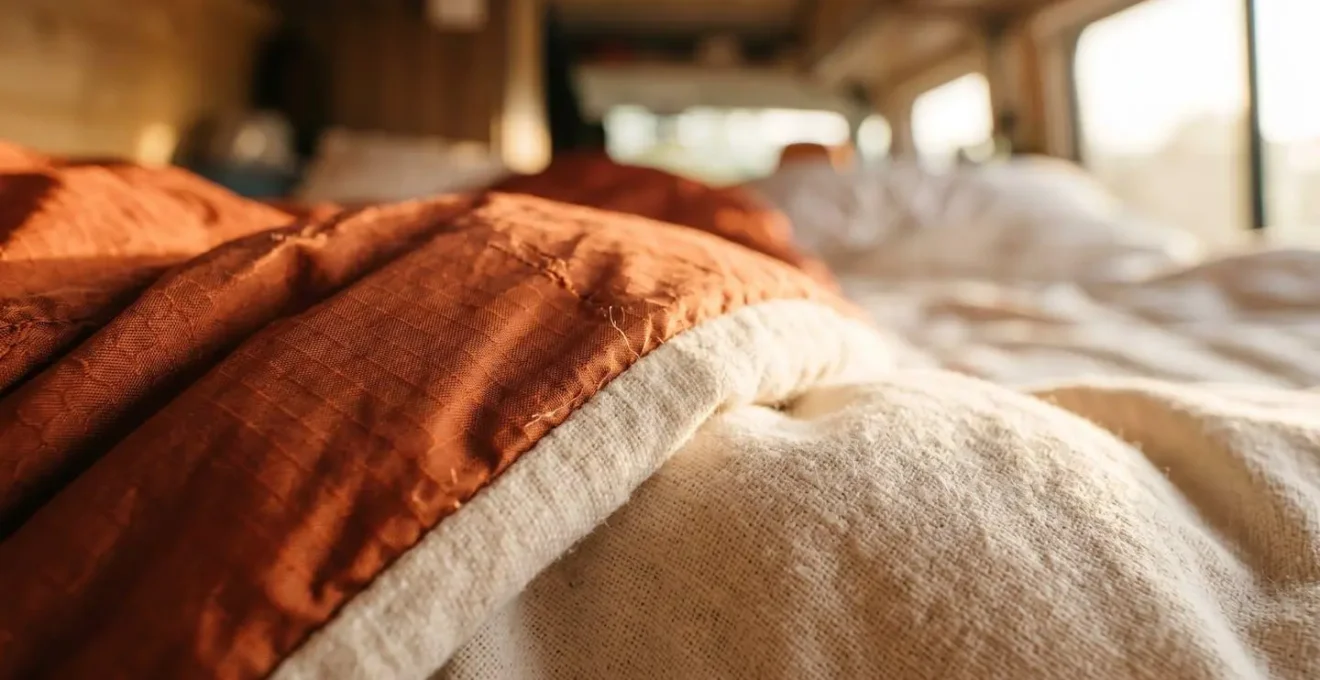 Gros plan sur système de couchage modulaire avec sac de couchage technique et couette dans un van aménagé