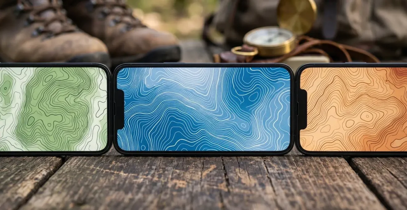 Vue macro détaillée de trois smartphones affichant des cartes topographiques avec courbes de niveau en mode hors ligne