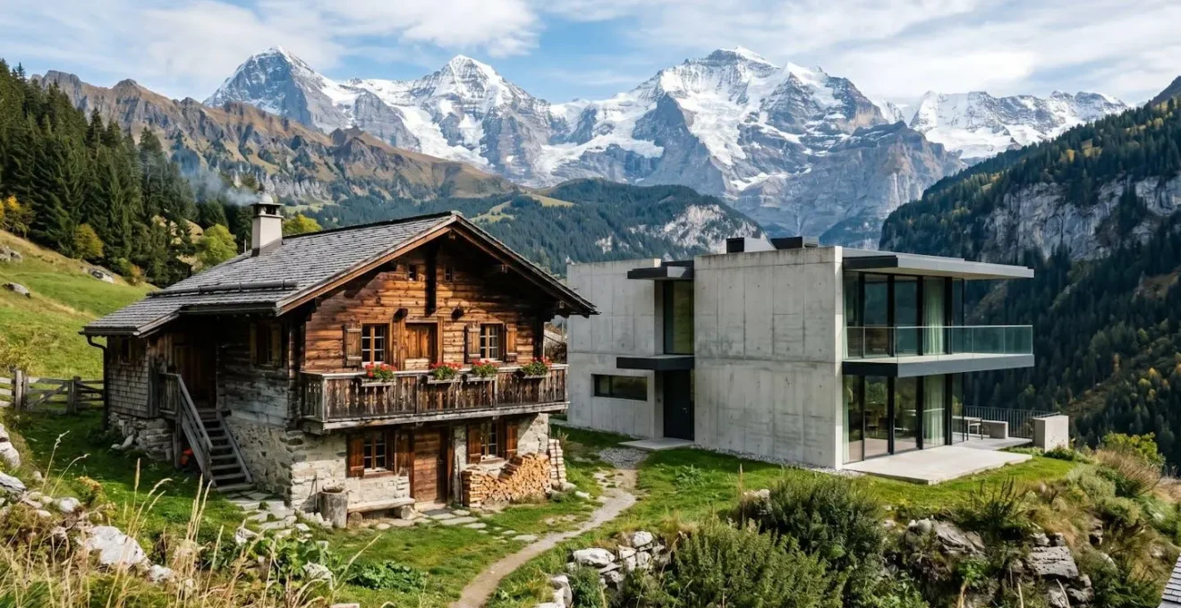Juxtaposition visuelle entre un chalet traditionnel en bois et une architecture moderne en béton dans un paysage de montagne
