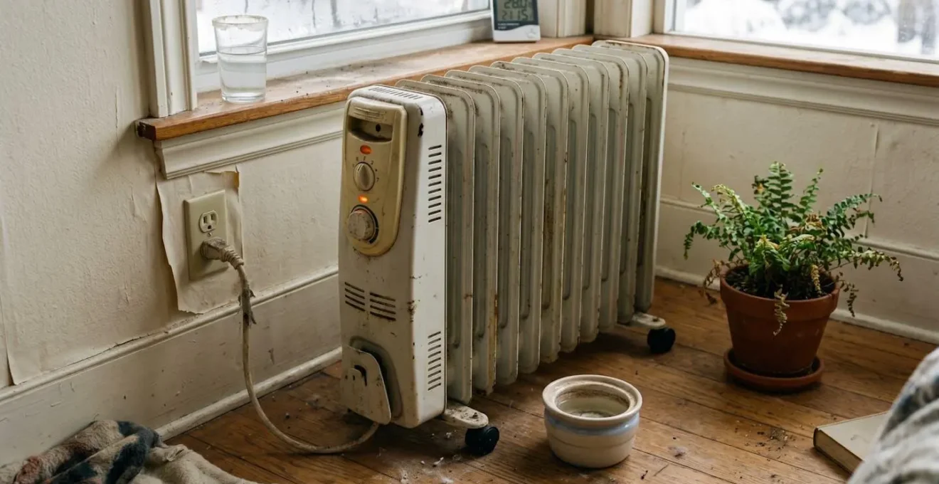 Gros plan sur un radiateur électrique ancien dans une chambre avec des indices visuels d'air sec