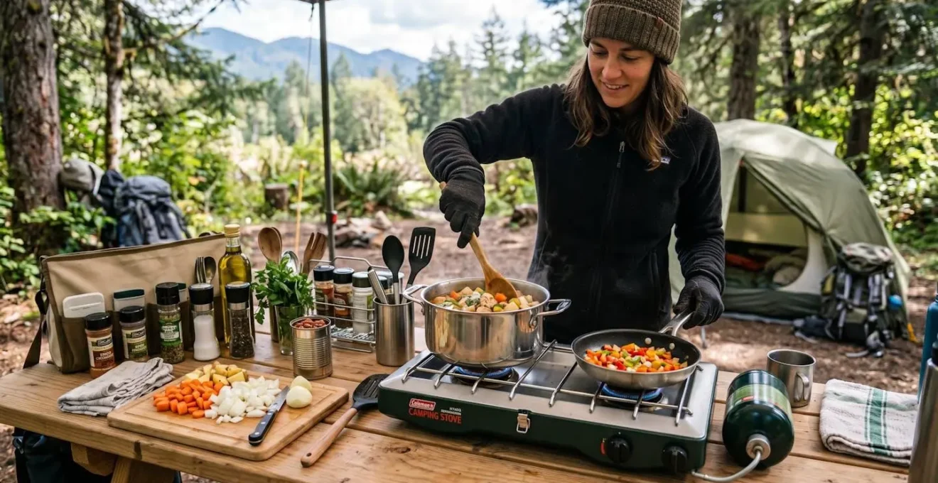 Préparation d'un repas sur réchaud deux feux en camping avec ustensiles et ingrédients organisés