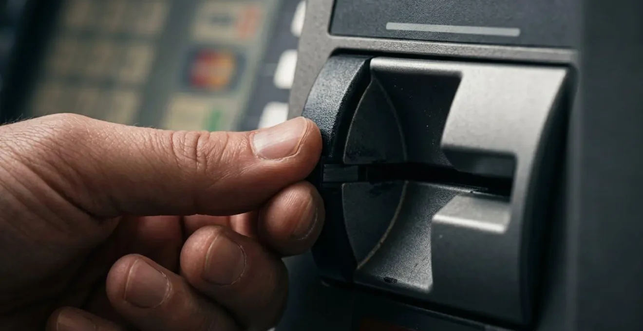 Gros plan sur un distributeur automatique de billets avec main inspectant la fente