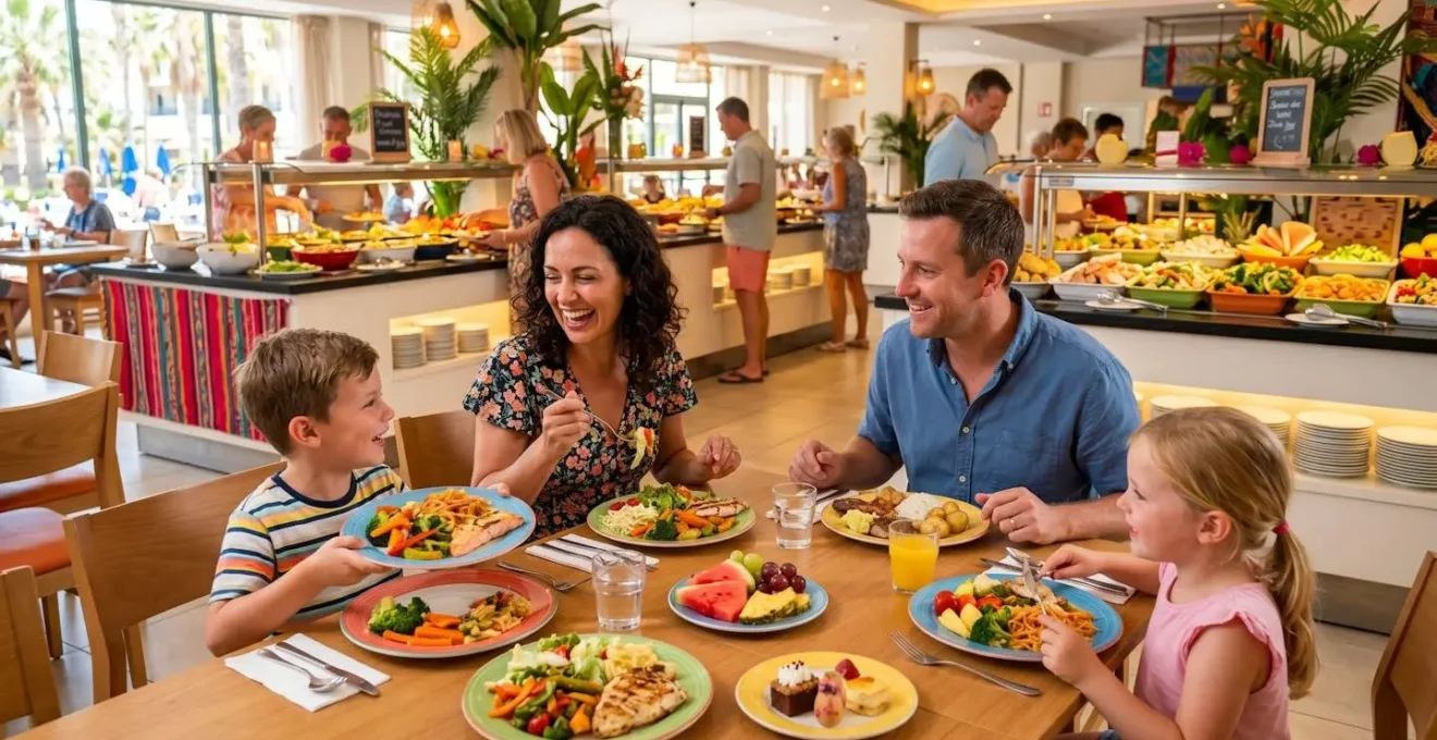 Famille au buffet d'un village vacances avec assiettes colorées et équilibrées