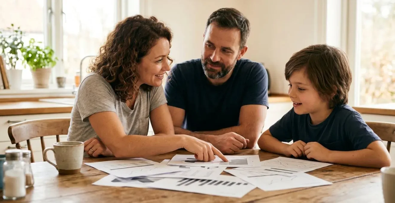 Famille consultant ensemble des documents administratifs sur une table de cuisine ensoleillée