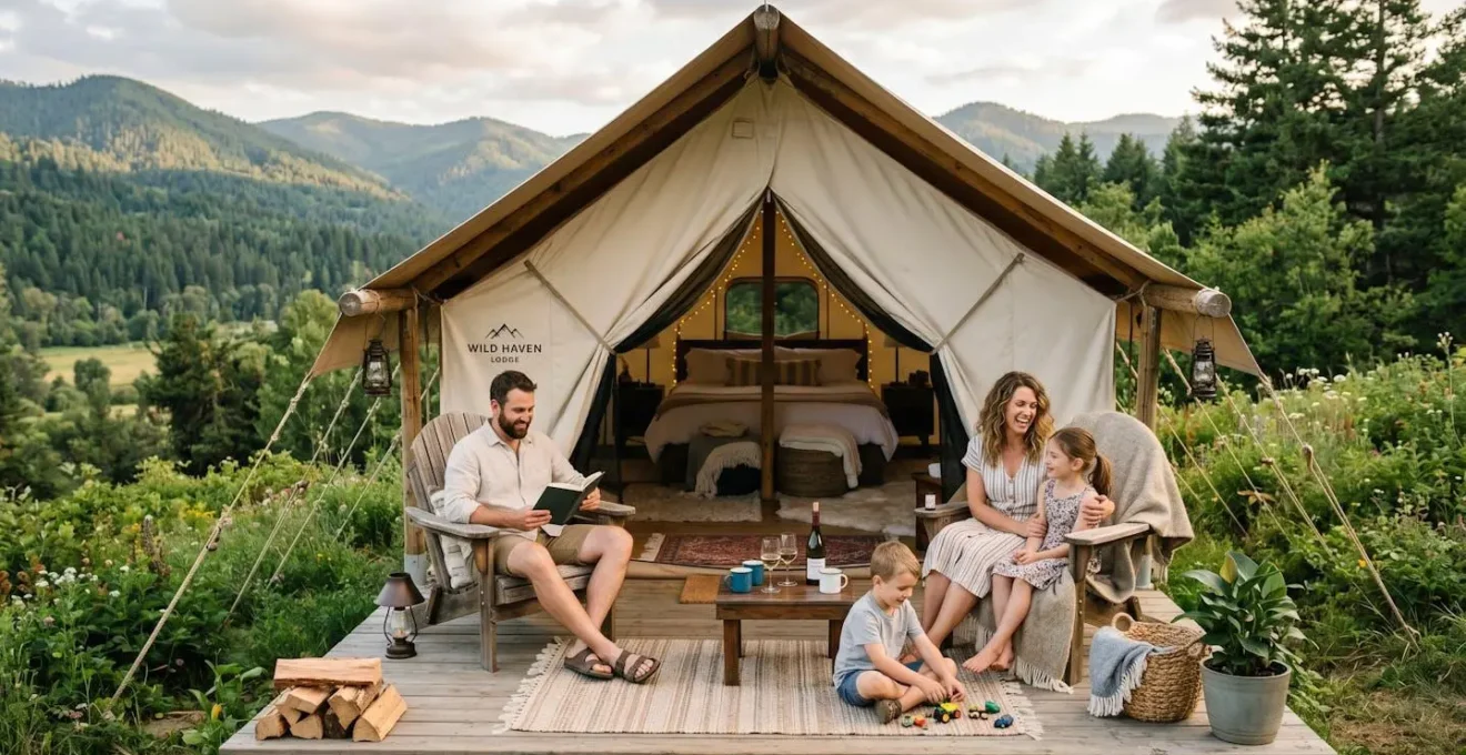 Famille se détendant devant une tente de glamping luxueuse en pleine nature