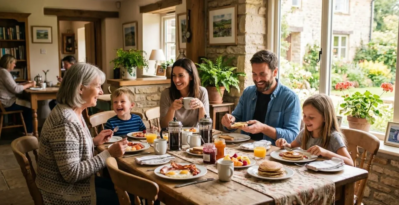 Famille prenant le petit-déjeuner dans une salle à manger chaleureuse de chambre d'hôtes