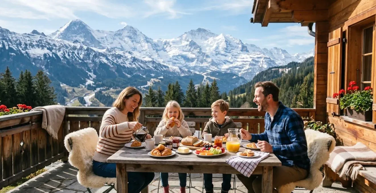 Famille déjeunant sur une terrasse de chalet ensoleillée avec vue sur les montagnes enneigées