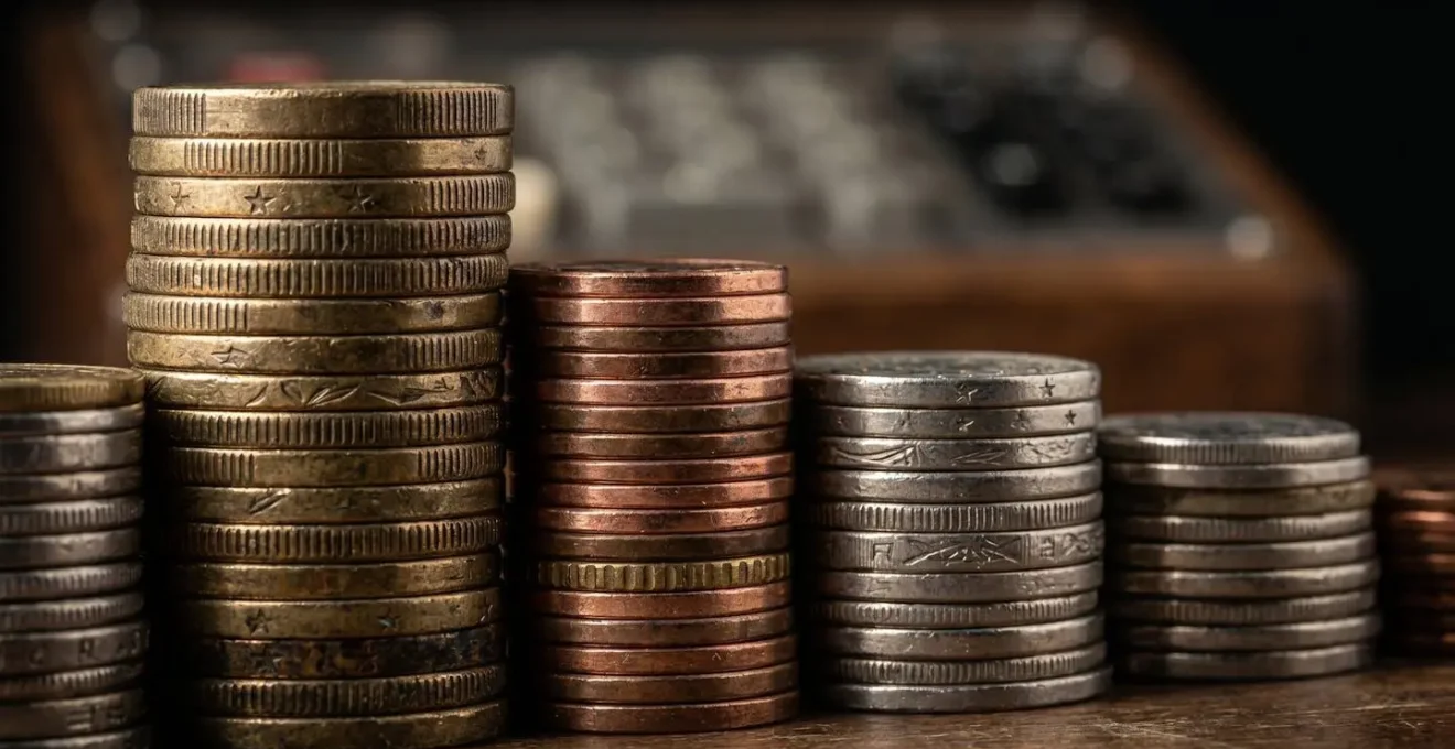 Vue macro de pièces de monnaie empilées avec calculatrice floue en arrière-plan