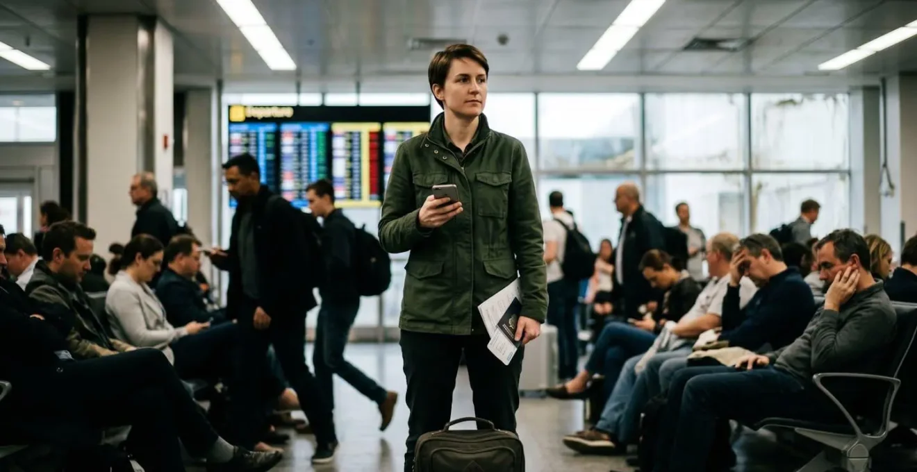 Voyageur gérant calmement une situation d'annulation à l'aéroport avec téléphone et documents