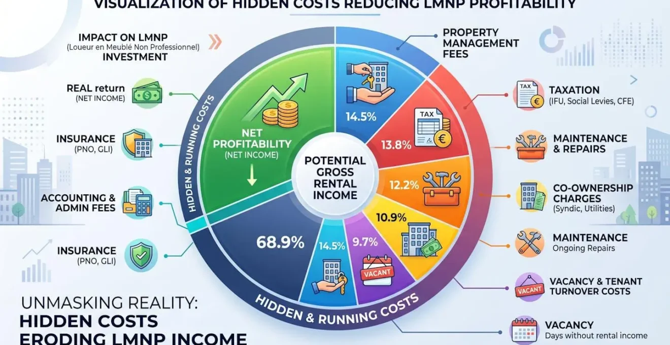 Visualisation en camembert des charges cachées réduisant la rentabilité LMNP