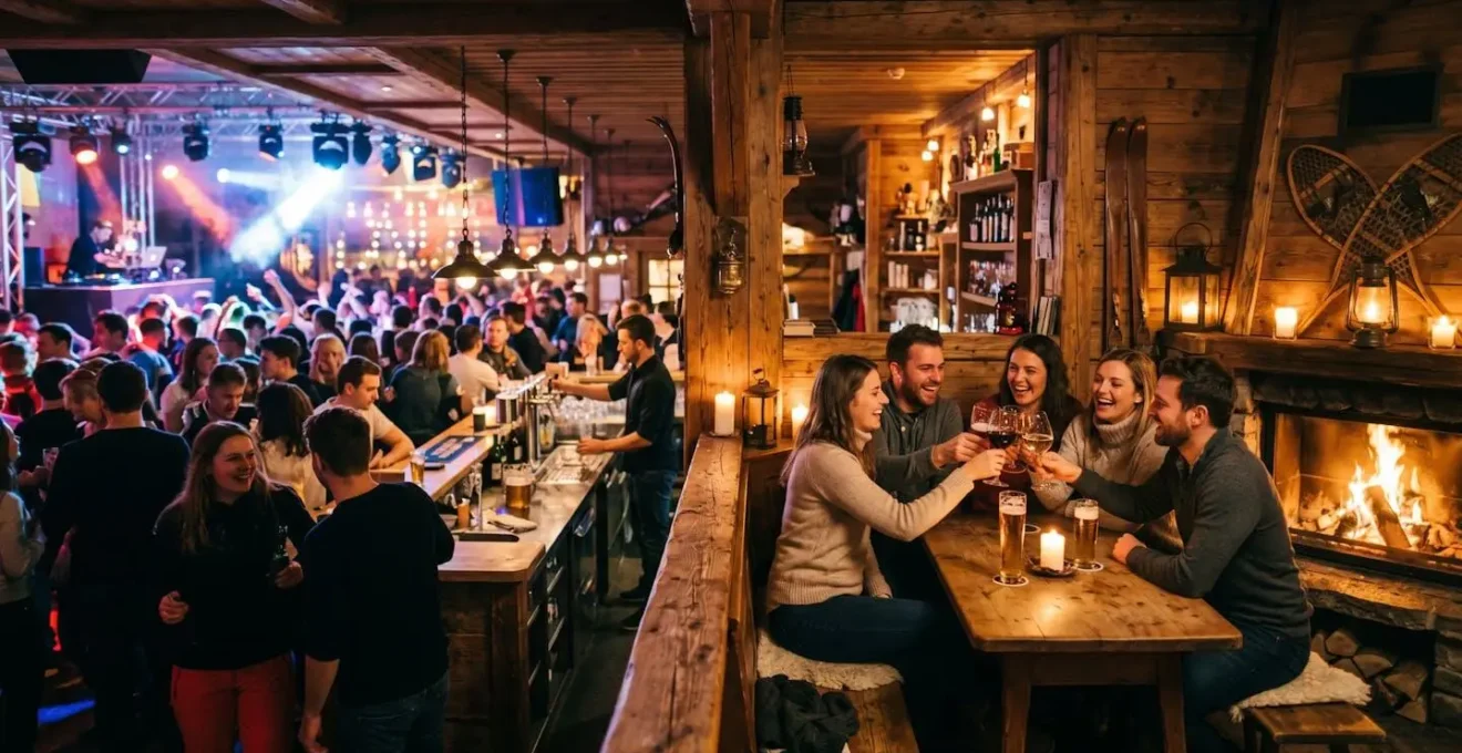 Groupe d'amis célébrant dans un bar de montagne traditionnel