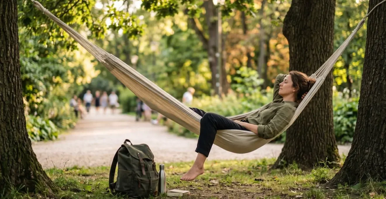 Voyageur se reposant dans un hamac installé dans un parc urbain