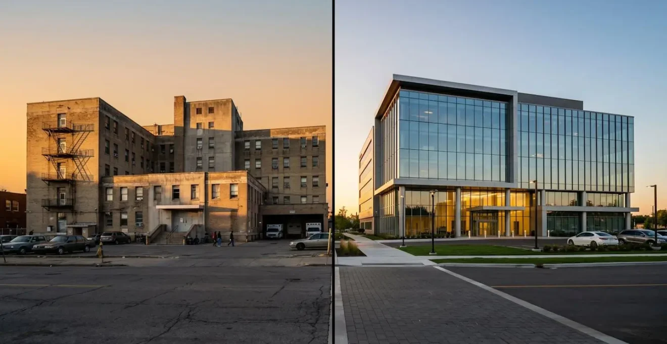Vue comparative d'un hôpital public et d'une clinique privée, montrant la différence d'infrastructure