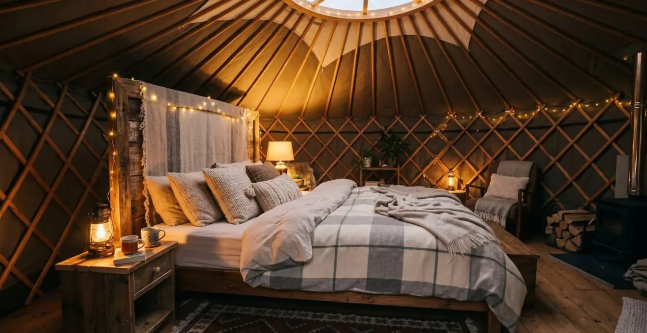 Intérieur chaleureux d'une yourte de glamping avec lit douillet et lumière tamisée