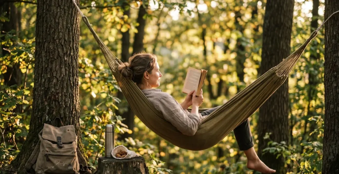 Voyageur se reposant dans un hamac entre deux arbres lors d'un jour de pause