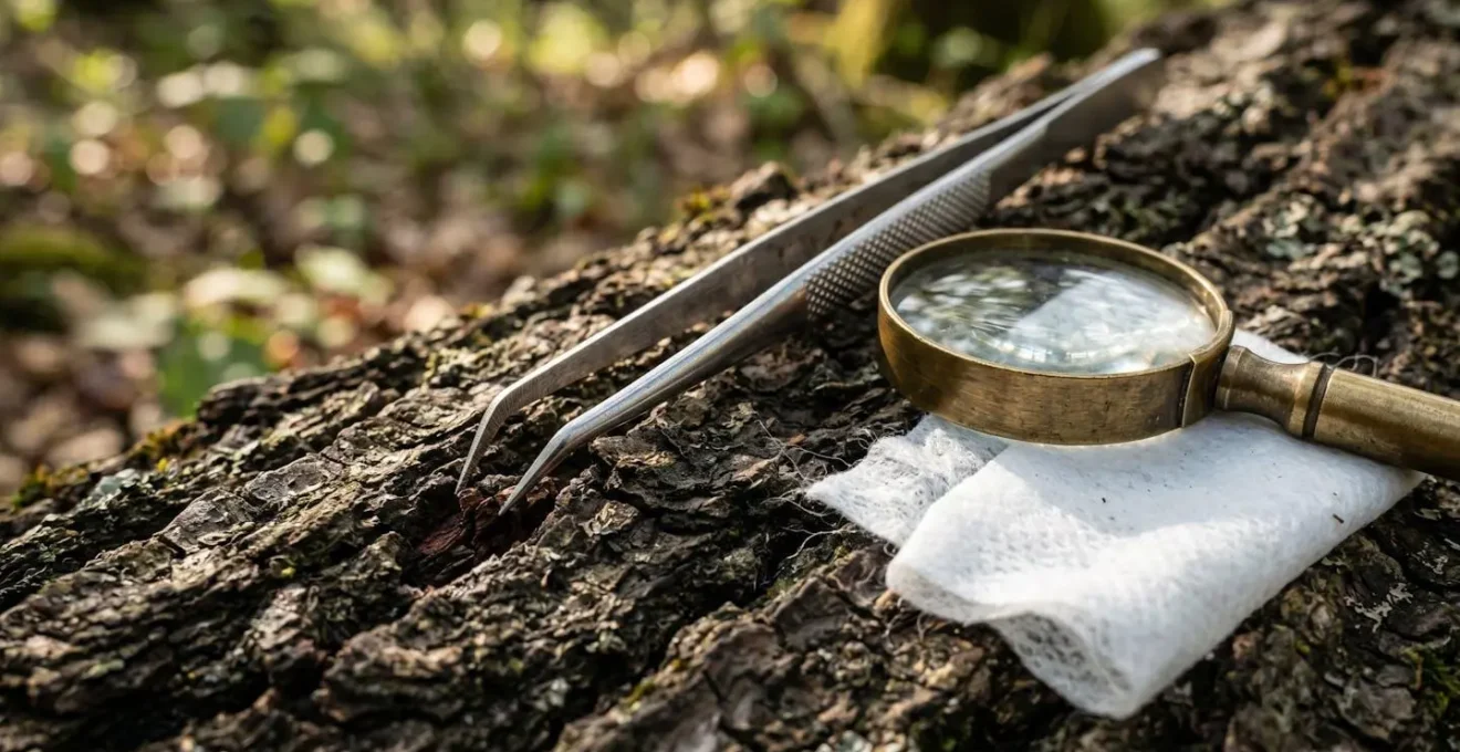 Kit d'extraction de tique professionnel disposé sur une souche d'arbre en forêt