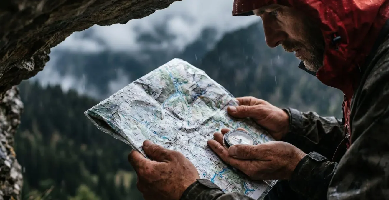 Randonneur consultant une carte IGN papier sous un surplomb rocheux pendant un orage