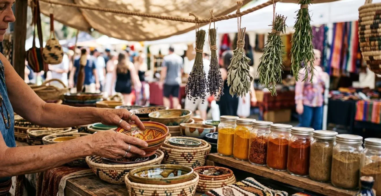Marché artisanal local avec étals colorés de produits faits main et épices