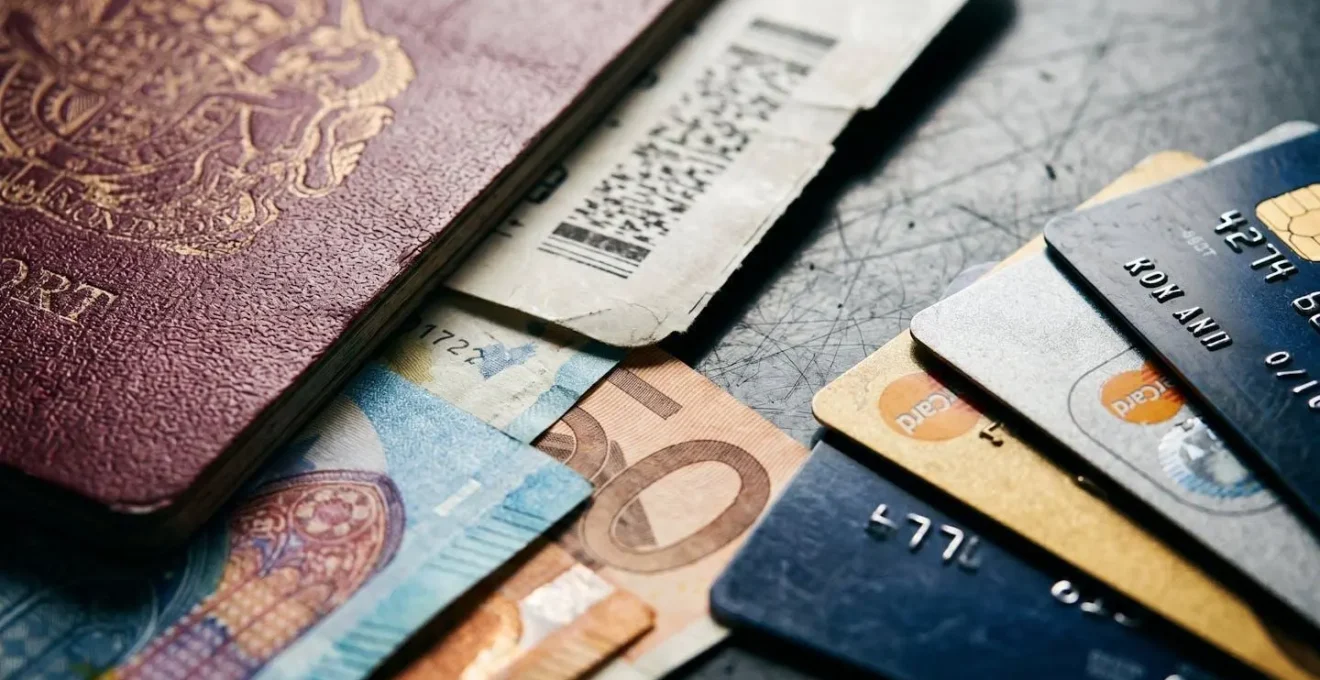 Passeport ouvert avec cartes bancaires et billets euros sur table de contrôle douanier