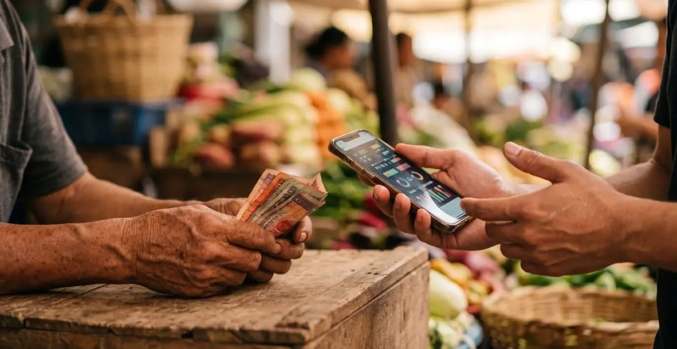 Mains de vendeur et acheteur échangeant des billets avec smartphone montrant des graphiques abstraits de conversion