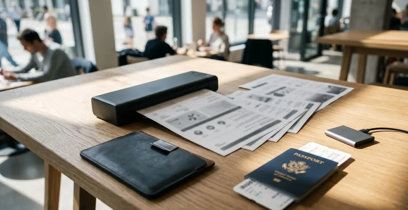 Espace de travail minimaliste d'un voyageur avec imprimante A4 portable et documents de voyage