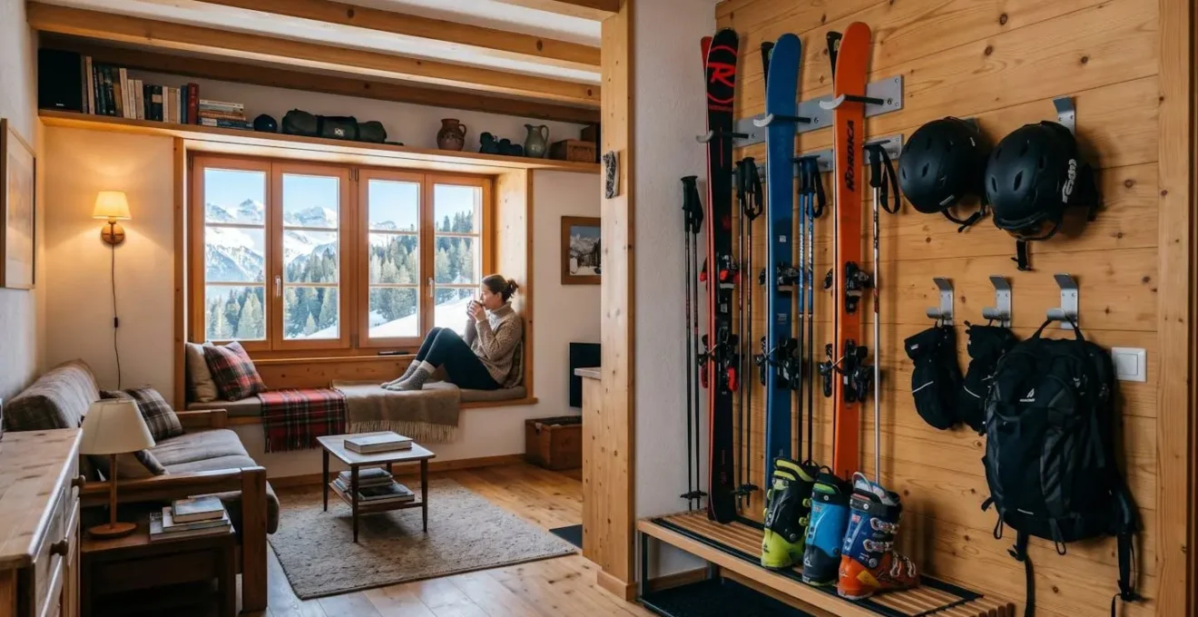 Intérieur d'un petit appartement de montagne avec système de rangement vertical pour équipement de ski