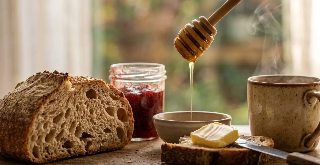 Table de petit-déjeuner en chambre d'hôtes avec produits locaux et vue jardin