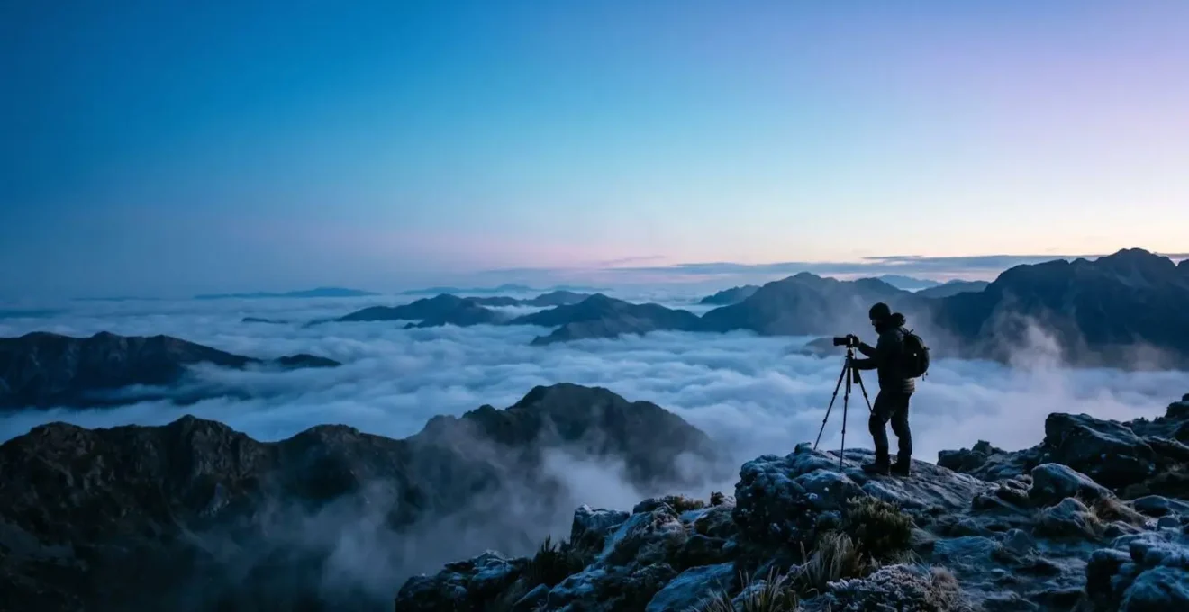Photographe capturant l'heure bleue en montagne avec mer de nuages en contrebas