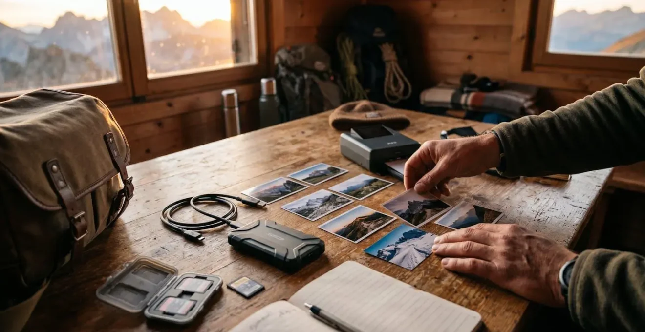 Photographe en montagne organisant ses sauvegardes avec SSD et imprimante portable au coucher du soleil