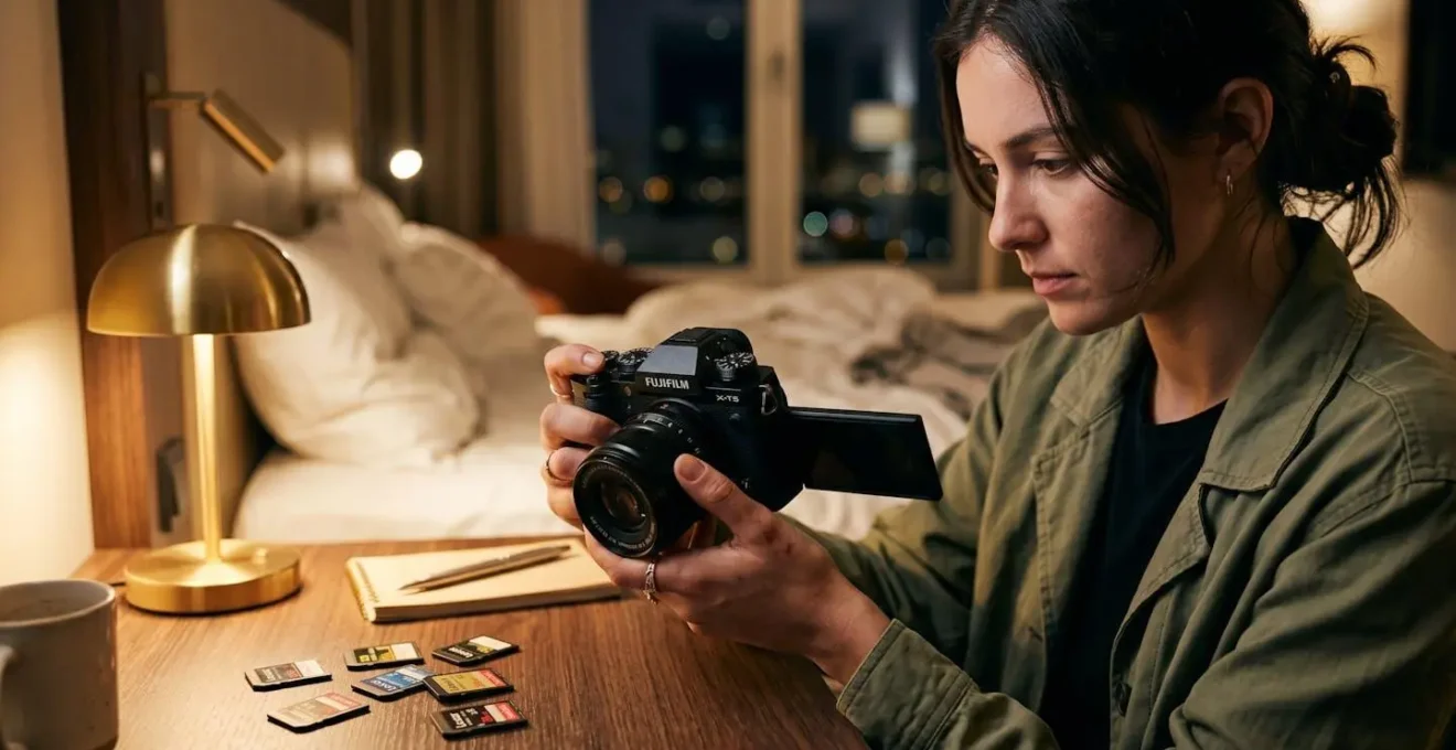 Photographe triant ses photos du jour sur l'écran de son appareil dans une chambre d'hôtel