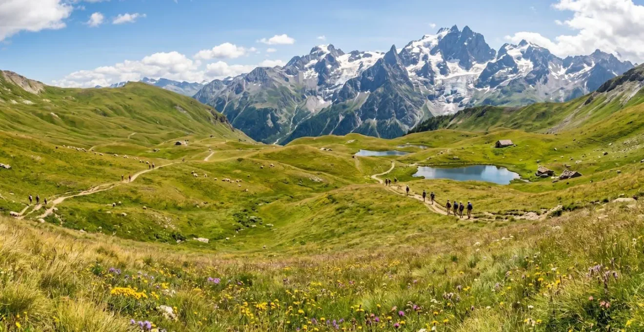 Vue panoramique du plateau d'Emparis en été avec ses vastes étendues herbeuses et la Meije en arrière-plan