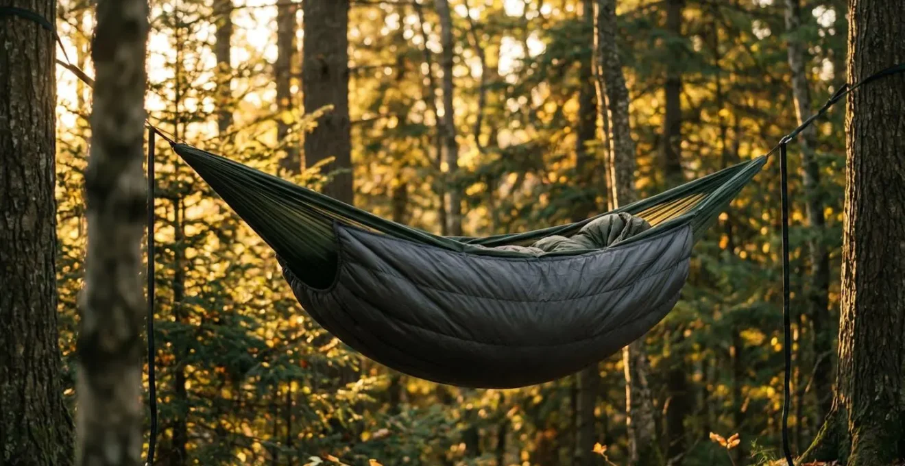 Vue latérale d'un hamac avec underquilt montrant l'isolation thermique par en dessous