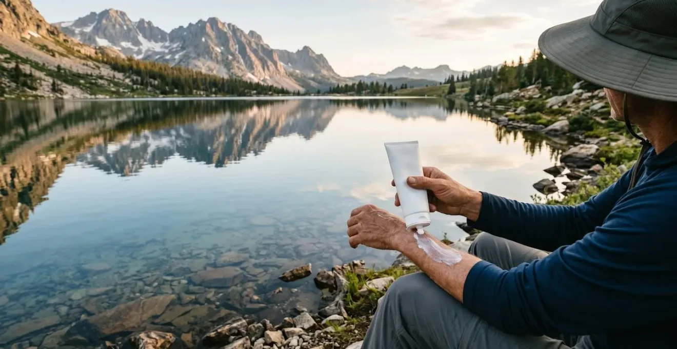Randonneur appliquant une protection solaire minérale près d'un lac de montagne cristallin