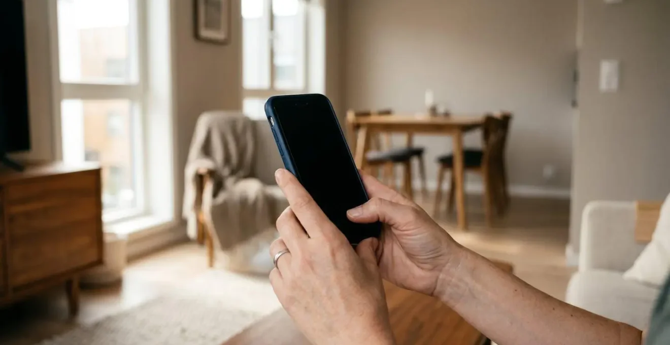 Mains tenant un smartphone photographiant un salon de location saisonnière