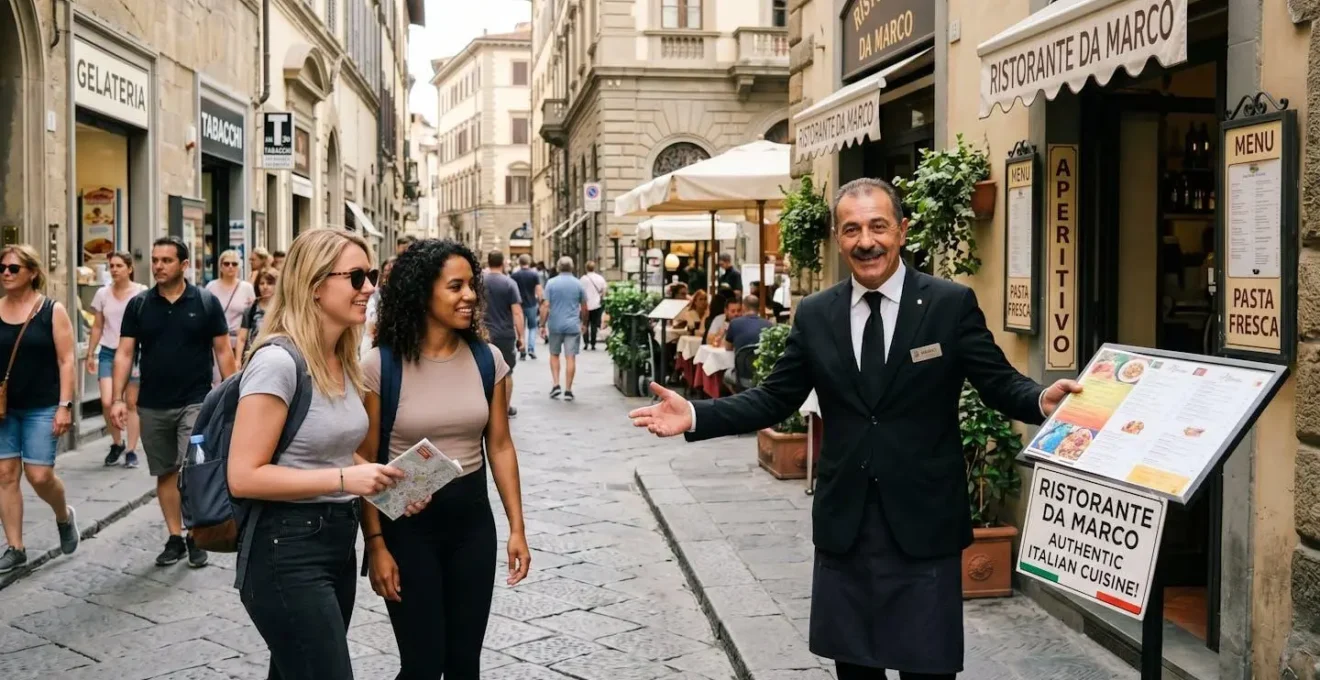 Serveur en tenue formelle tentant d'attirer des touristes devant un restaurant dans une rue piétonne