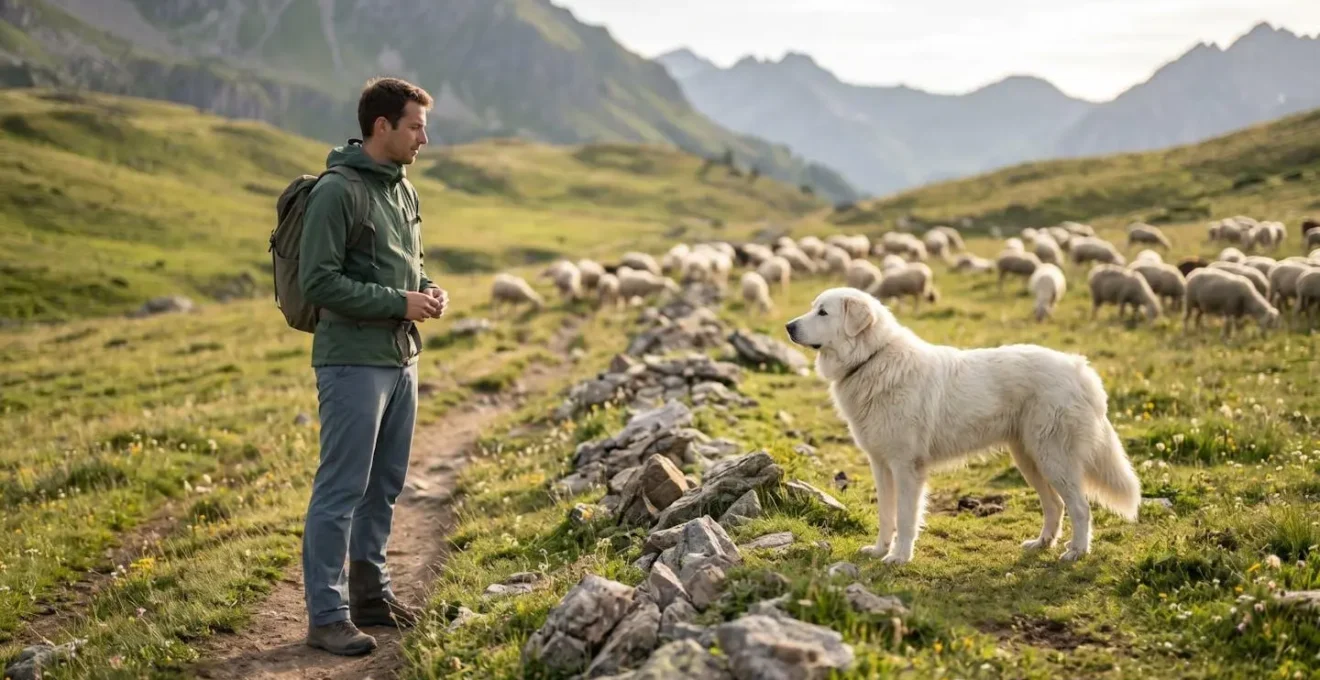 Randonneur maintenant une distance de sécurité face à un Patou des Pyrénées