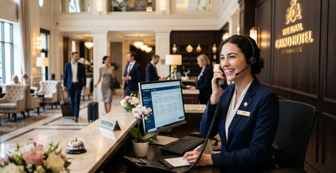 Réceptionniste d'hôtel souriant au téléphone dans un hall élégant