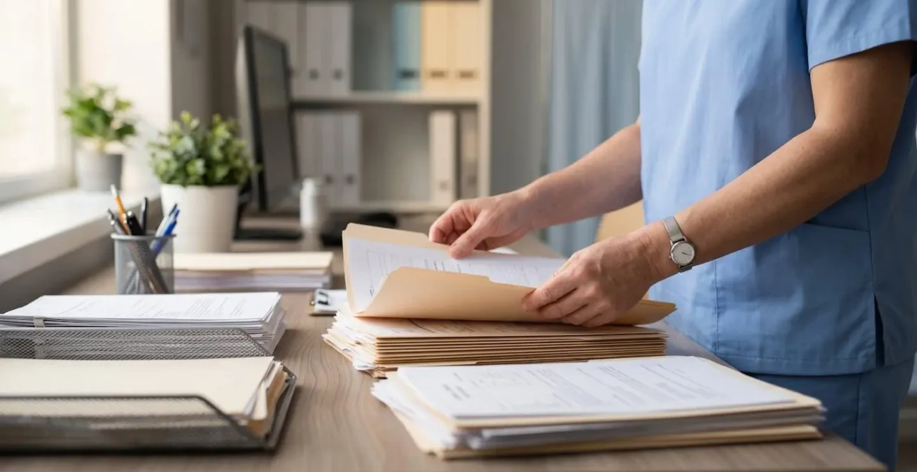 Personne consultant des documents médicaux et dossiers de vaccination sur un bureau organisé