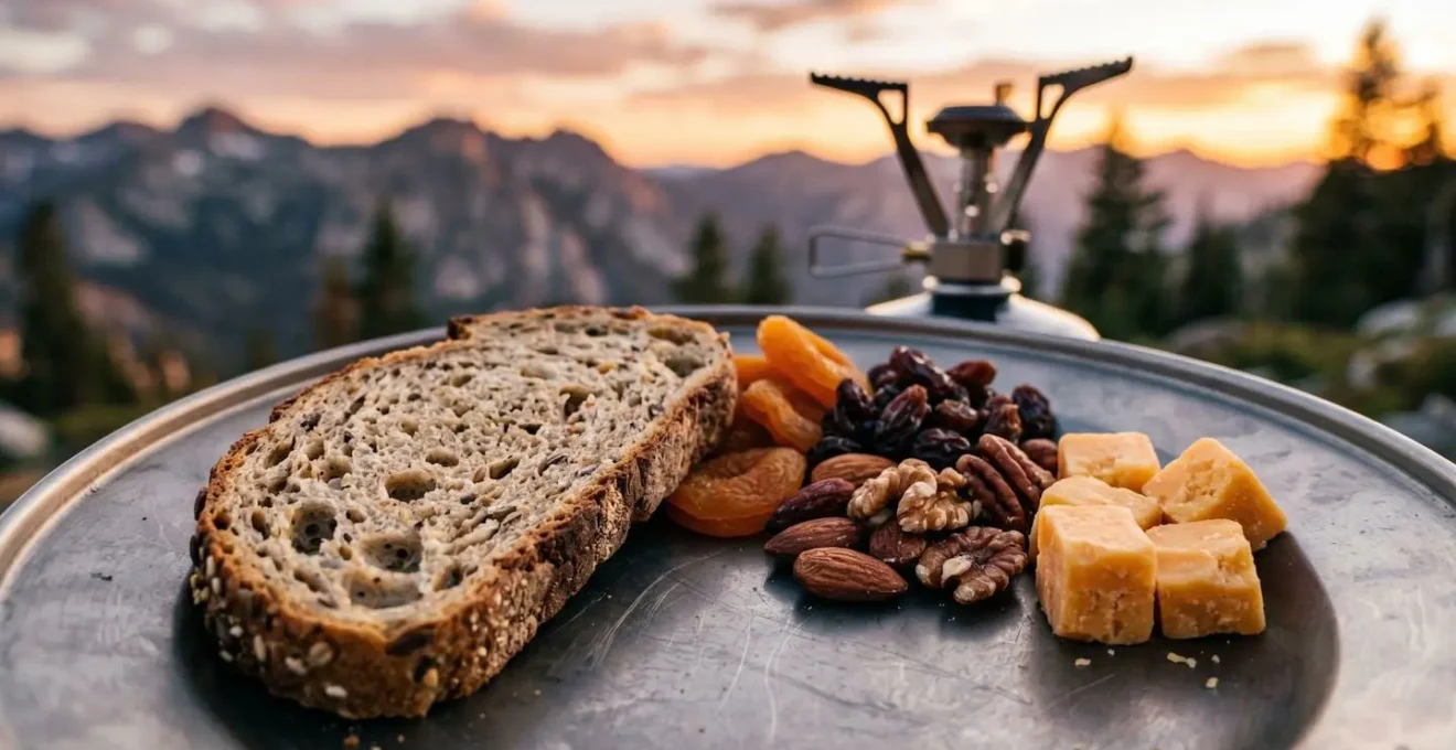 Préparation d'un repas froid en bivouac avec réchaud à gaz éteint visible