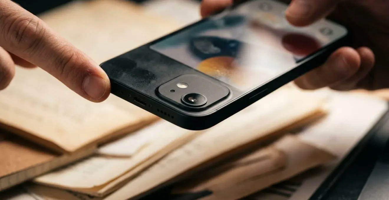 Mains tenant un smartphone photographiant des documents de voyage sur une table en bois