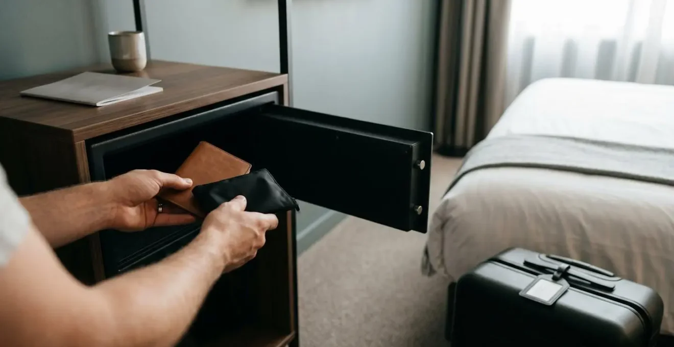 Main d'un voyageur plaçant un passeport et des documents dans le coffre-fort d'une chambre d'hôtel.