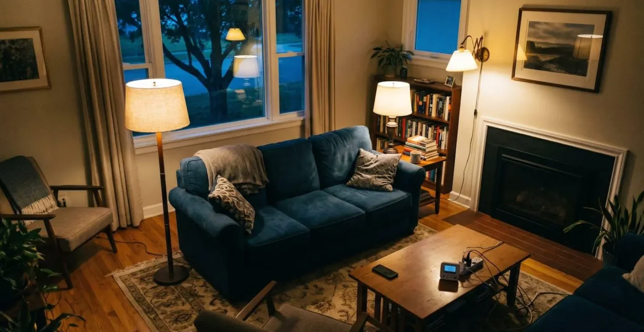 Vue d'ensemble d'un salon avec lampes programmées sur minuteur créant une ambiance de présence simulée