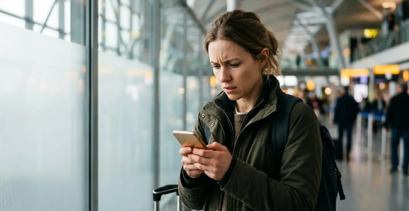 Personne consultant anxieusement son téléphone dans un hall d'aéroport moderne