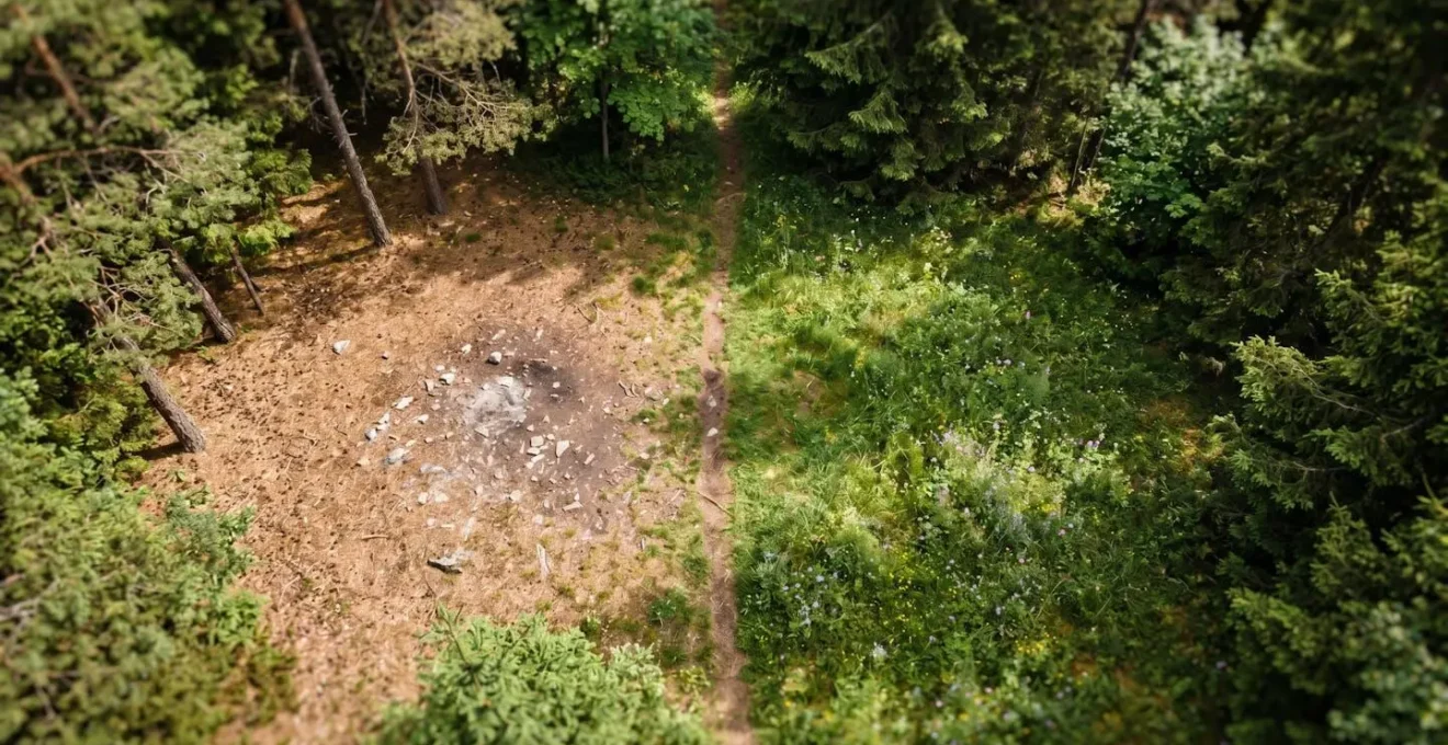 Vue aérienne d'un emplacement de bivouac sur sol minéral entouré d'arbres