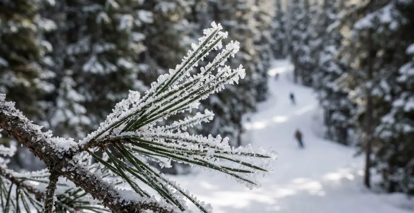 Station de ski nichée dans une forêt dense protégée du vent avec skieurs évoluant entre les sapins