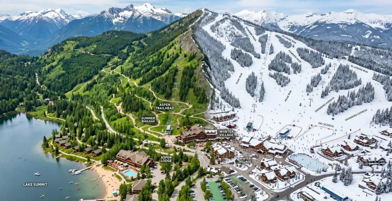 Vue aérienne d'une station de montagne montrant activités été et hiver