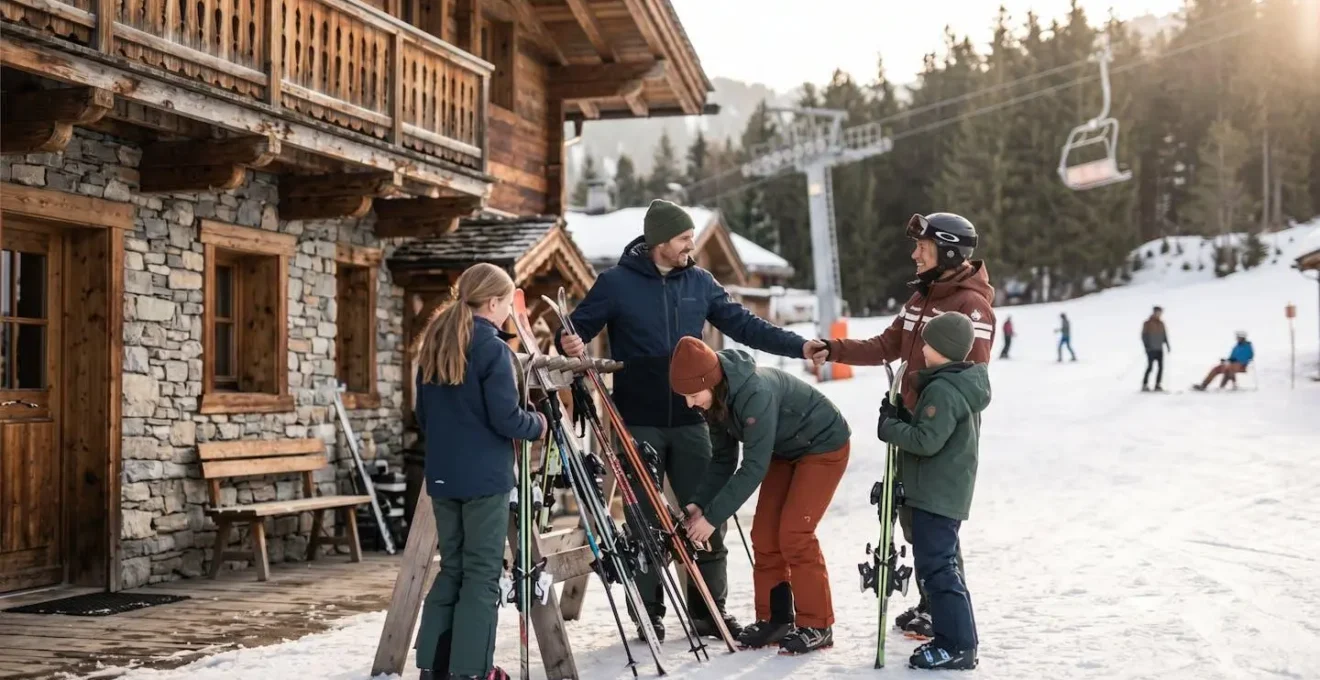 Petite station de ski familiale nichée dans un village de montagne avec skieurs sur une piste ensoleillée