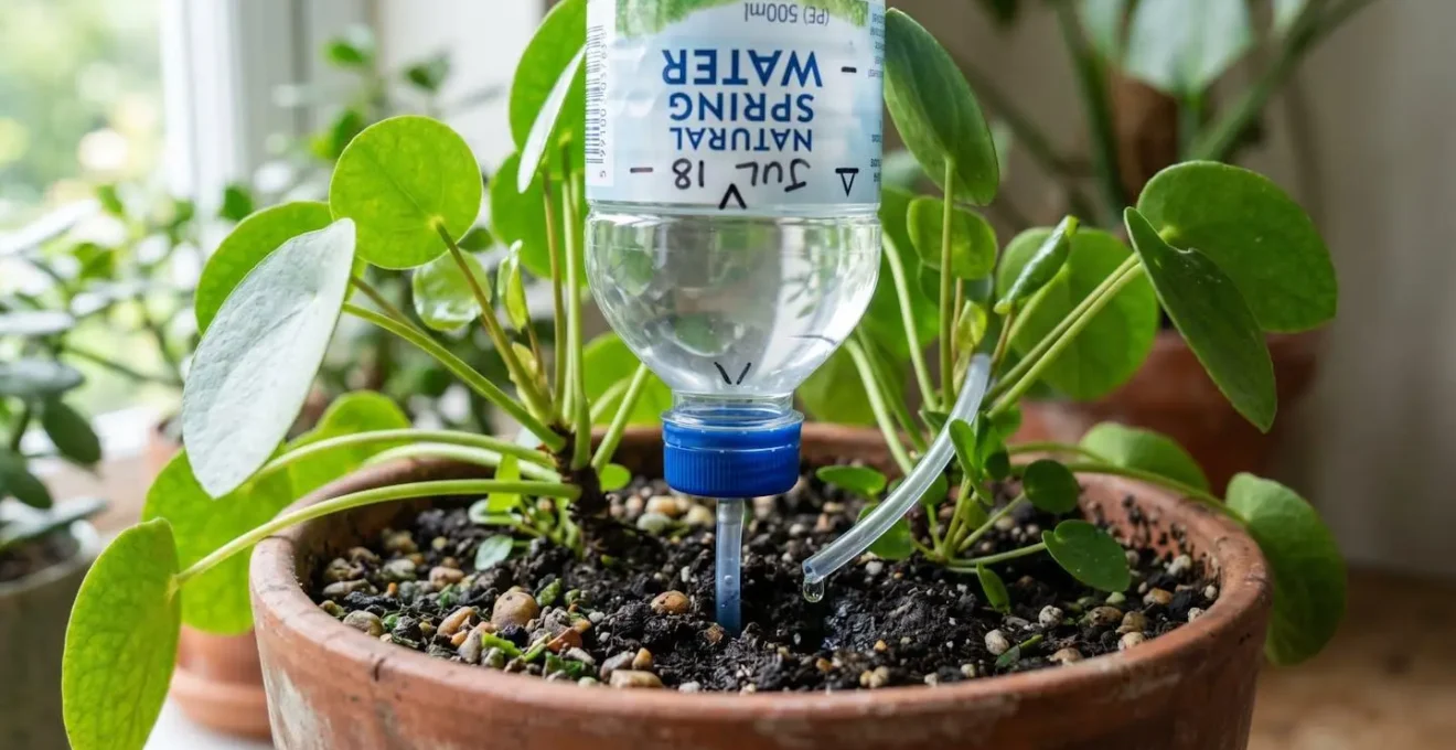 Gros plan sur une bouteille d'eau retournée dans un pot de plante verte avec système goutte à goutte artisanal